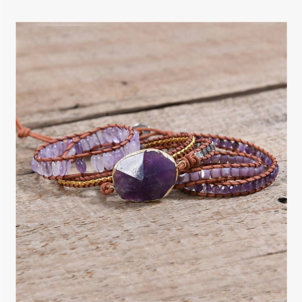 CLEARANCE Boho Handmade Wrap Leather Tube Crystal Stone Bracelet Amethyst stone. - Picture 4 of 8
